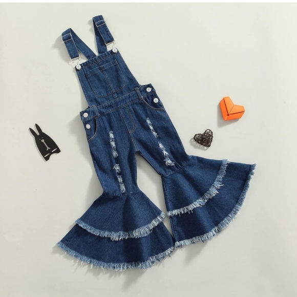 NWT Toddler Flared Distressed Denim Overalls Size 90 (2T/3T) - Picture 3 of 7
